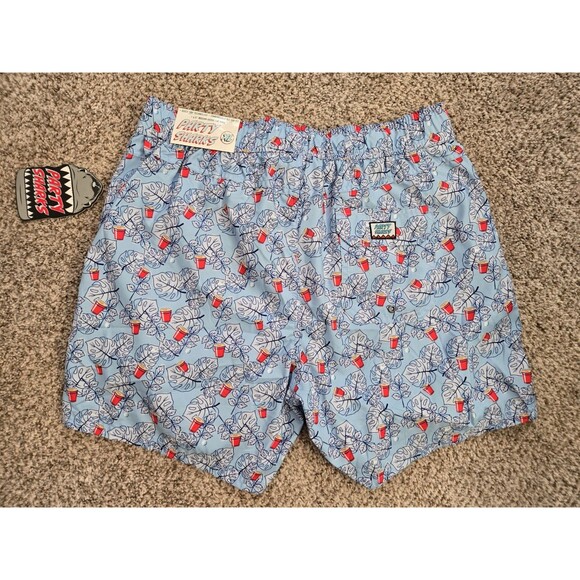 PARTY SHARKS Swim Trunks Size XL Blue Palm Solo Red Cups Print *NWT* - Picture 2 of 7